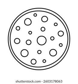 outline slice of salami sausage isolated on white background, vector meat illustration of black and white boiled sausage