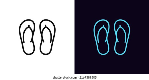 Icono de par de deslizadores de contorno, con trazo editable. Silueta de zapatillas, pictograma de sandalias de playa. Vacaciones de verano y resort, calzado de goma de verano, recreación en la playa. Icono de vector para animación