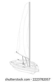 Outline of a small boat with a sail made of black lines isolated on a white background. Front view. 3D. Vector illustration.