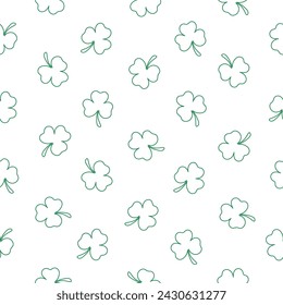 Outline of a small green clover on a white background. Happy St. Patrick's Day. Seamless pattern for textiles, wrappers, covers, brochures, wallpapers, website or banner. Vector illustration.