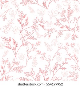 The outline of small plants and leaves. Light floral pattern Red on white color Vector seamless pattern Shabby Chic