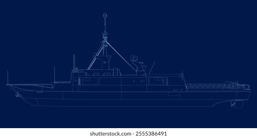 Outline of a small ship made of blue lines isolated on a dark background. Side view