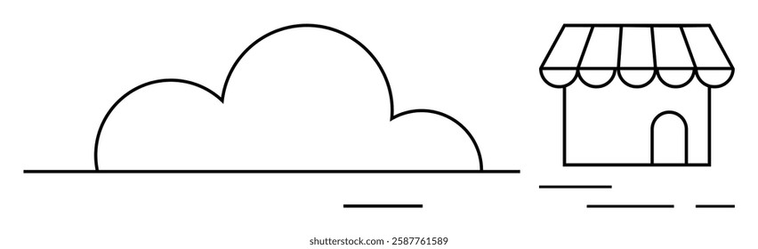 Outline of a small shop with an awning next to a cloud. Ideal for e-commerce, cloud computing, small businesses, local shops, technology services, digital marketing, and online stores. Banner