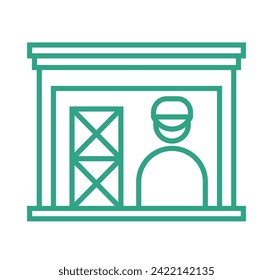Outline small warehouse with courier and boxes icon isolated on white background. Part of supply chain. Vector illustration.