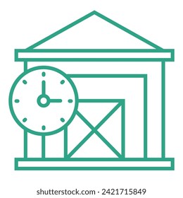Umrissenes kleines Lagersymbol mit Uhr einzeln auf weißem Hintergrund. Teil der Lieferkette. Vektorgrafik. Kiste drinnen.