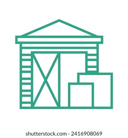 Outline small warehouse icon isolated on white background. Part of supply chain. Vector illustration. Door of loading discharging terminal. Boxes.
