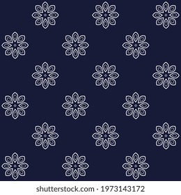 Outline small white block print flower pattern indian motif classic blue background. Simple geo allover  fabric design, apparel textile, ladies dress, menswear, fashion garment, digital wallpaper. svg