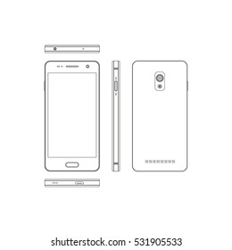 Outline smartphone on a white background. Phone in different views: in front, side, front, back. Touch telephone with the camera. Vector illustration