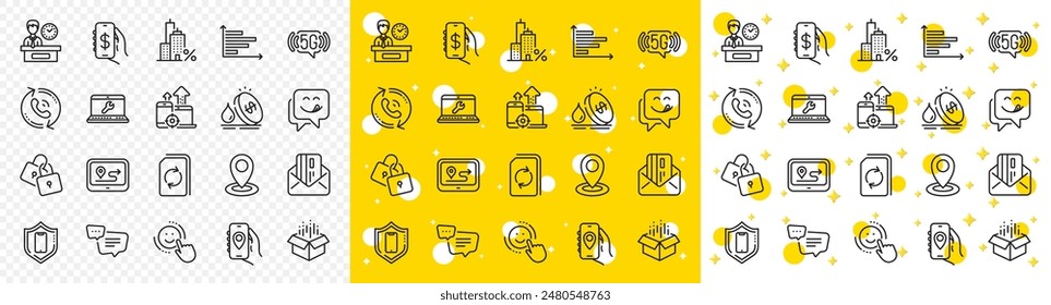 Outline Smartphone protection, Locks and Text message line icons pack for web with 5g wifi, Update document, Yummy smile line icon. Laptop repair, Horizontal chart, Fuel price pictogram icon. Vector