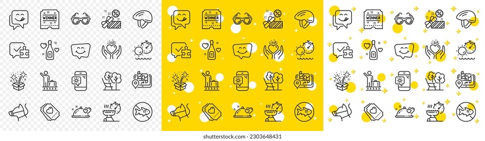 Outline Smile chat, Puzzle and Love champagne line icons pack for web with Fireworks, Love ticket, Yummy smile line icon. Deckchair, Luggage belt, Hold heart pictogram icon. Gps. Vector