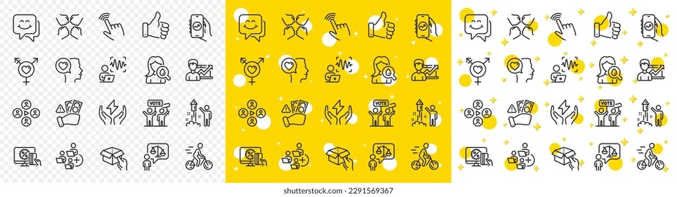 Outline Smile face, Cyclist and Lawyer line icons pack for web with Hold box, Fraud, Add team line icon. Squad, Romantic talk, Online shopping pictogram icon. Voting campaign. Vector