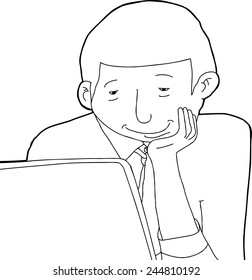 Outline of smiling Black man looking at his laptop computer