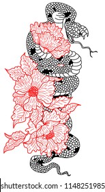 outline snake vector with flower Japanese tattoo design.Snake vector illustration .red snake vector and Cherry flower spring season vector illustration background.