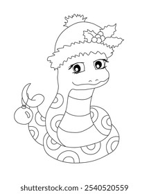 Outline of snake in a winter hat. Vector illustration on a white background