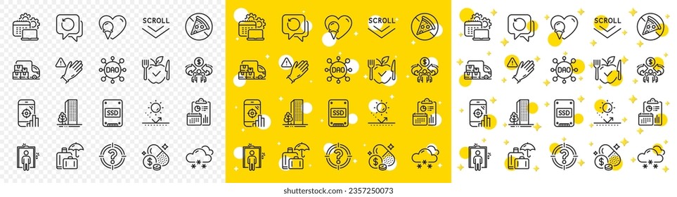 Outline Snow weather, Elevator and Recovery data line icons pack for web with Scroll down, Software, Ice cream line icon. Report, Headhunter, Vegetarian food pictogram icon. Vector