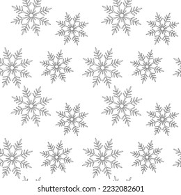 Outline snowflakes icon seamless vector pattern. One line hand drawn illustration background. Wallpaper, festive decor, fabric, print, wrapping paper or package design. Winter holiday, Christmas card.