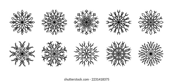 Esbozo de copos de nieve para el diseño invernal. Iconos de la línea de copo de nieve ilustración vectorial de invierno. Elemento de diseño para tarjetas de Navidad o Año Nuevo.Copos de nieve de línea de colección aislados en fondo blanco. 