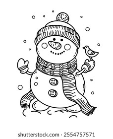 Outline snowman with bird and snow. Winter coloring book page