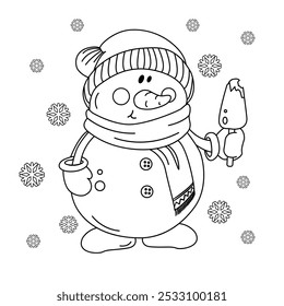 Outline snowman with ice cream. Winter coloring book page