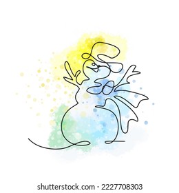 Outline snowman, one line illustration, on a watercolor background with paint splatter