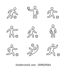 Outline soccer icons set. Linear figure soccer player. Line art sport symbols