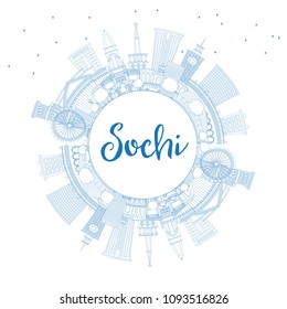 Outline Sochi Russia City Skyline with Blue Buildings and Copy Space. Vector Illustration. Business Travel and Tourism Concept with Modern Architecture. Sochi Cityscape with Landmarks.