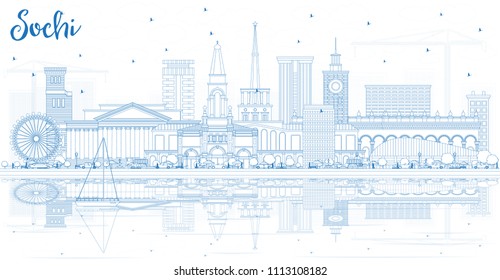 Outline Sochi Russia City Skyline with Blue Buildings and Reflections. Vector Illustration. Business Travel and Tourism Concept with Modern Architecture. Sochi Cityscape with Landmarks.