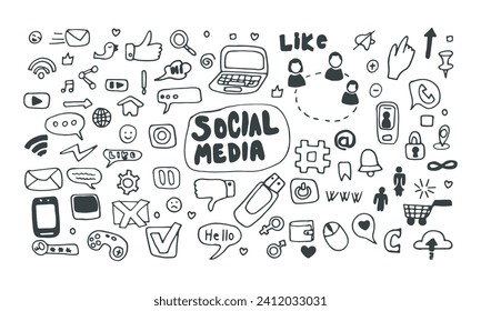 Outline social media doodle. Simple draw sketch set, hand drawn vector illustration ,Doodle style .Great for banner, posters, cards, stickers and professional design. Network Social network sketch .
