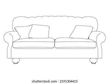Outline of a sofa with pillows from black lines isolated on a white background. Front view. Vector illustration.
