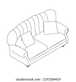 Esbozo de un sofá con almohadas de líneas negras aisladas sobre un fondo blanco. Vista isométrica. Ilustración vectorial.
