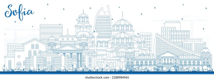 Outline Sofia Bulgaria City Skyline with Blue Buildings. Vector Illustration. Sofia Cityscape with Landmarks. Business Travel and Tourism Concept with Historic Architecture.