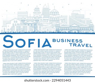 Outline Sofia Bulgaria City Skyline with Blue Buildings and Copy Space. Vector Illustration. Sofia Cityscape with Landmarks. Business Travel and Tourism Concept with Historic Architecture.