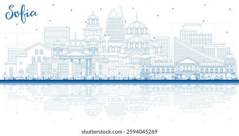 Outline Sofia Bulgaria City Skyline with Blue Buildings and reflections. Vector Illustration. Sofia Cityscape with Landmarks. Business Travel and Tourism Concept with Historic Architecture.