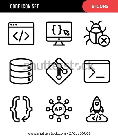 Outline Software Development Icon Set, Coding Elements, Minimalist Style Line Art
