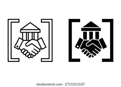 Esquema y apretón de manos sólido del banco con el edificio clásico