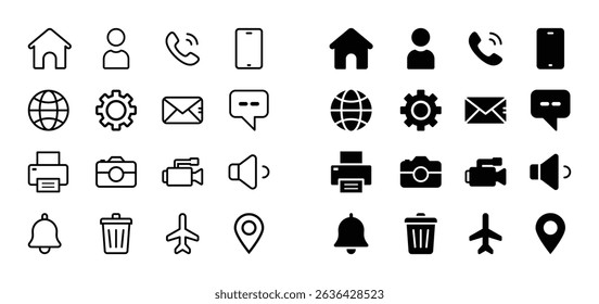 Outline and solid Basic interface icon collection home, user, phone, globe, settings, email, printer, camera, bell, trash, airplane, location for app and digital interface design.