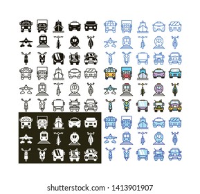OutLine Solid Color Style Transport icons bundle. Bus, motorcycle automatic, Taxi, Airplane, Public bus, Train, Ship/Ferry and auto signs.Vector as Train, Tram and more. 