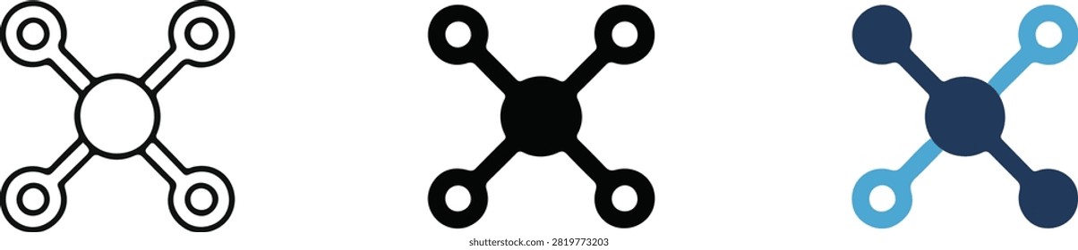 Outline, solid, and color vector icons of drone quadcopter flying device.