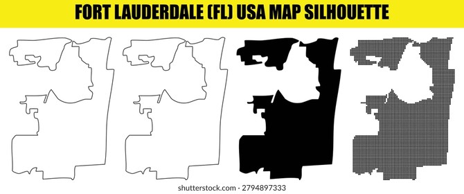 Outline, solid, and dotted map silhouettes of Fort Lauderdale, Florida, USA, accurately depicting city's geographic boundaries and shape. Ideal for educational materials, civic presentations, or regional studies.