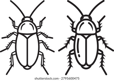 Outline and solid fill cockroach icons, insect symbol, bug, pest, vermin, creature, graphic element, icon.