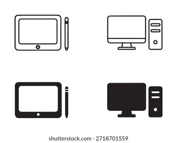 Outline and solid fill vector icons for tablets with stylus and desktop computers with towers