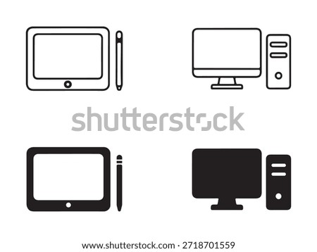Outline and solid fill vector icons for tablets with stylus and desktop computers with towers