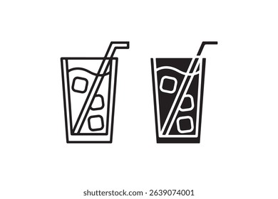 Outline and solid glass icons with ice cubes and straws.