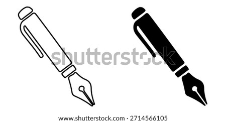 Outline and solid icons of a classic fountain pen, perfect for symbolizing writing, calligraphy, signature, author, literature, or educational content creation.