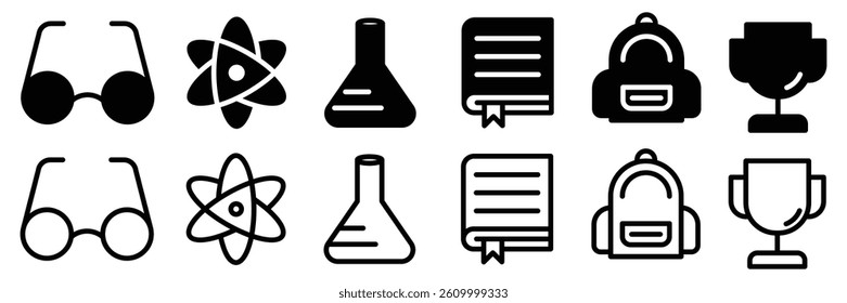 Outline and solid icons of education, studying and science. Vector illustration.