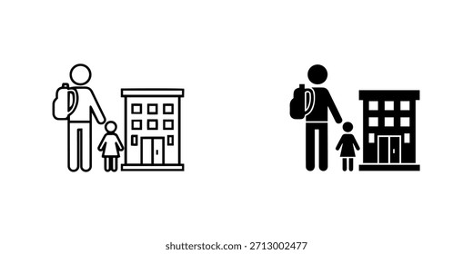Umriss und solide Symbole Eltern und Kind mit Rucksack in der Nähe des Schulgebäudes, einzeln auf