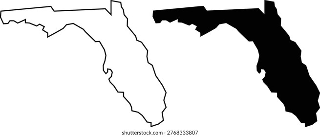 Outline and Solid Silhouette Map of the State of Florida Keywords: Florida, map, outline