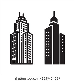 Esquema y silueta sólida representaciones de edificios urbanos altos.