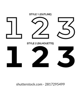 Outline and solid silhouette style numbers one two three displayed clearly