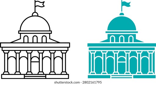 Outline and solid style icons of a government building with columns and flag for political design concepts